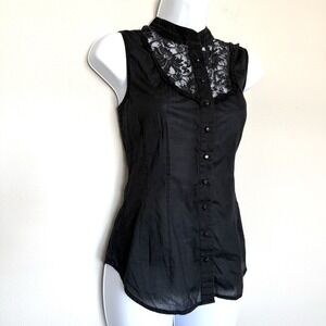 Vintage Y2K Express Button Up Womens Small Sleeveless Black Lace Whimsigoth